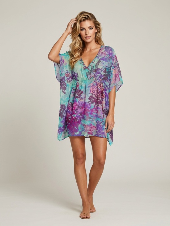 Other - 𝅺Tropical chiffon sheer teal blue purple floral beach cover-up blouse sequin SzM